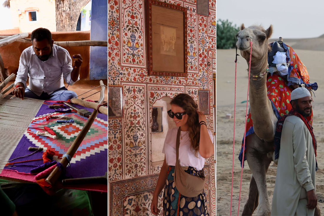 Tessuti artigianali del Rajasthan, decorati con tecniche di block printing e colori vibranti, ispirazione per il design di Anirav.