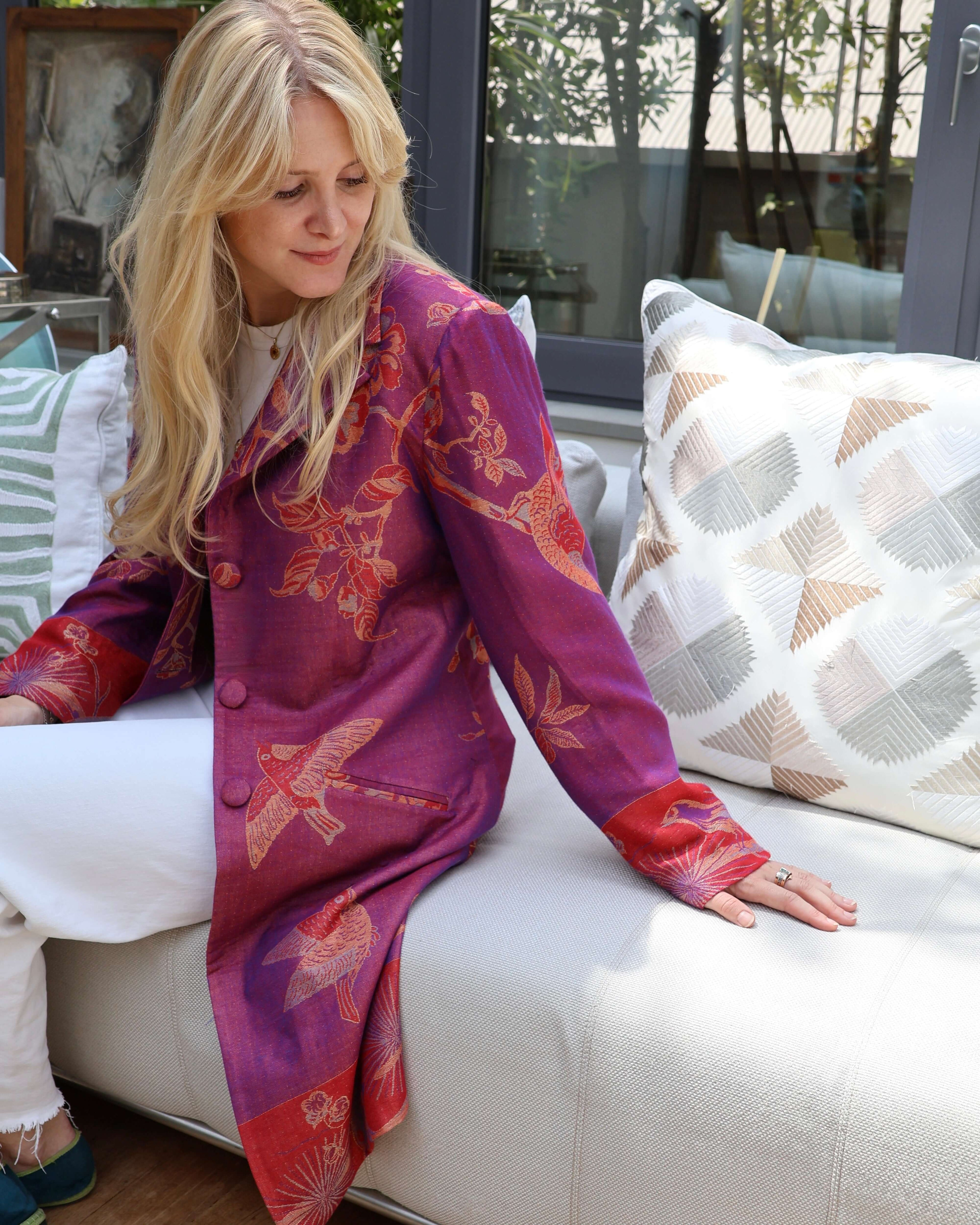 cappotto delhi viola Anirav brand artigianale cashmere e seta 