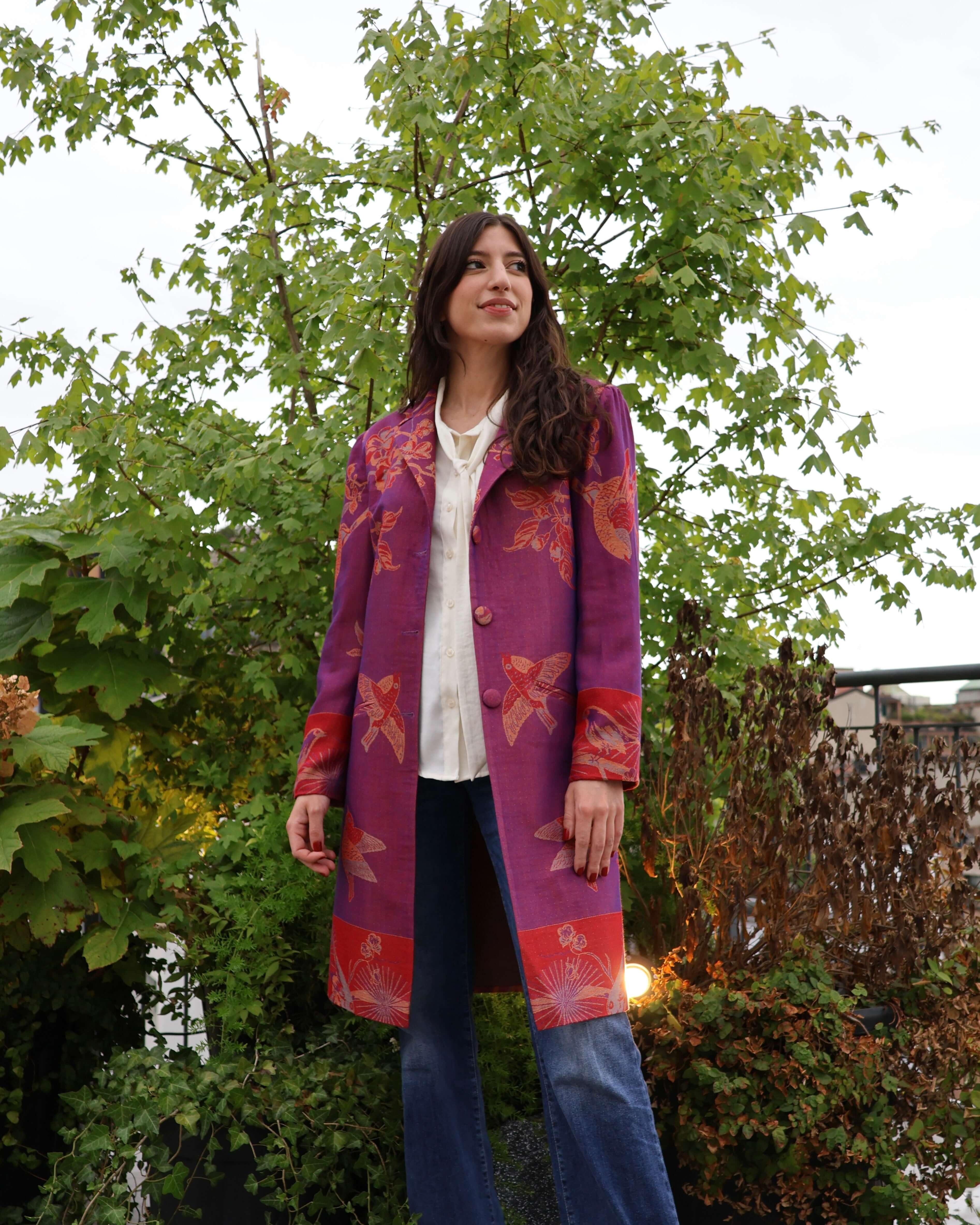 cappotto delhi viola Anirav brand artigianale cashmere e seta 