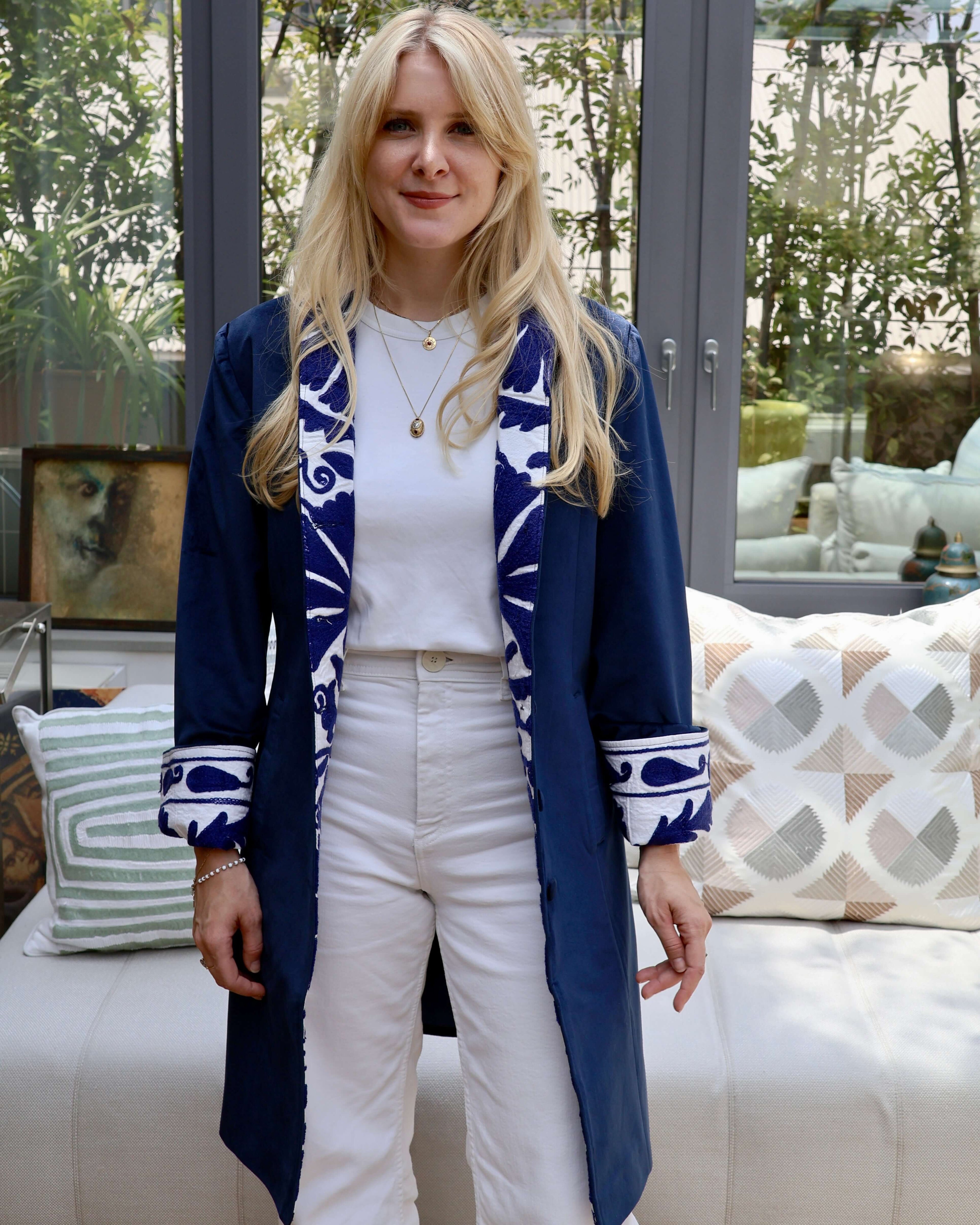 cappotto Jaipur ricamo suzani blu fatto a mano india anirav brand