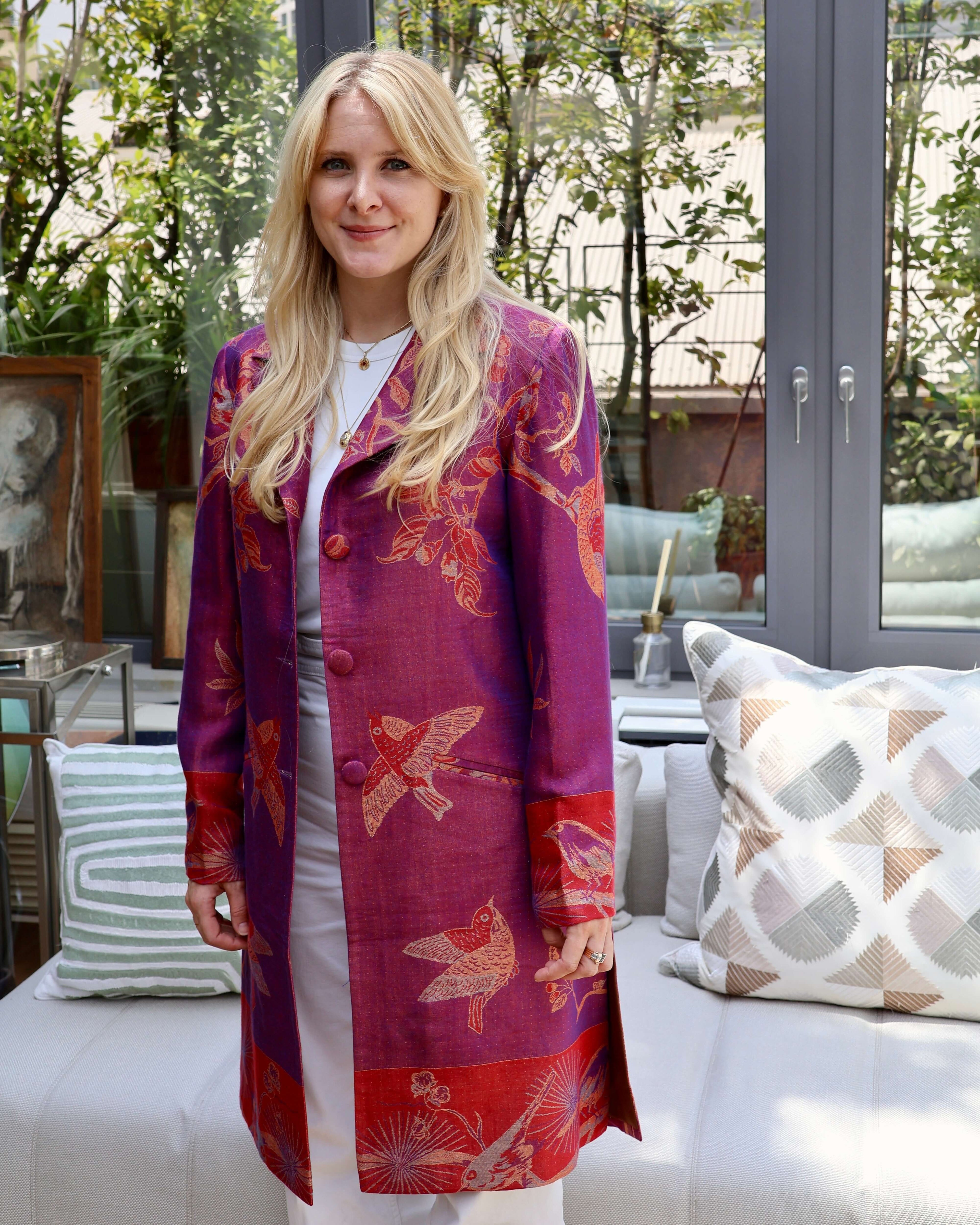 cappotto delhi viola Anirav brand artigianale cashmere e seta 
