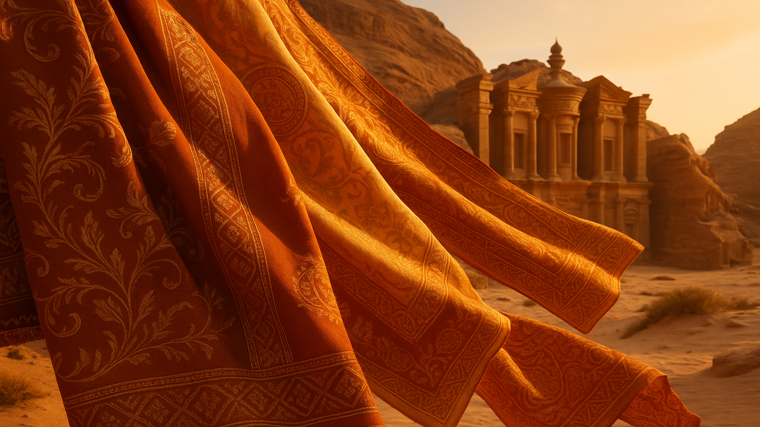 Immagine evocativa della collezione Giordania con tessuti ricamati e colori caldi in ambientazione giordana, senza testo