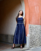Long Amman dress in linen and hand-embroidered
